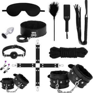 12 PCS Sex Bondage BDSM Restraints Kits Fetish Handcuffs Ankle Cuff Collar Blindfold Whip Rope Nipple Clamps Paddle Anal Toys Ball Gag Adult Games Foreplay Sexy Toys for Couples...