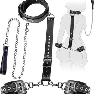 BDSM Bondage Sex Restraints Set Couples Sex Toys, Neck to Wrist Restraints Kit with Traction Chain Back Sex Handcuffs Collar Adjustable Bondage Gear & Accessories SM Sexy Slave...